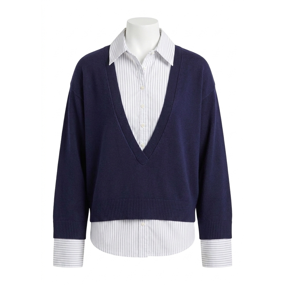 NEW DEREK LAM 10 CROSBY rida striped mixed media sweater in navy